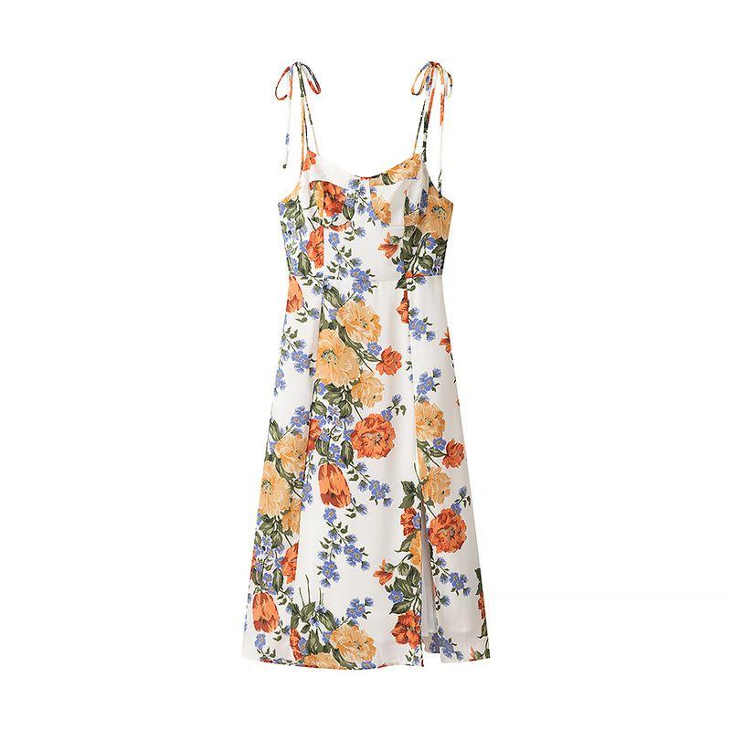 Kaslead New Arrival Women's Clothing Fashion Style Fashion Side Slit Shoulder Shoelace Spaghetti-Strap Floral Print Dress