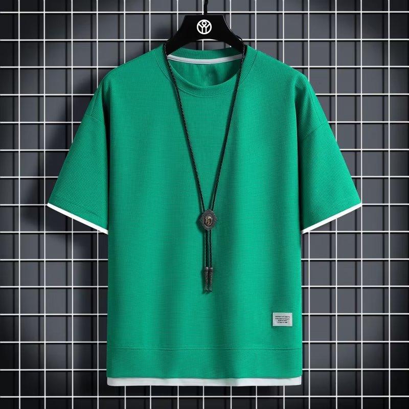 Little Clothing Waffle Round Neck Short Sleeve Men's Summer New Fake Two-piece Loose Ice Silk Thin Five-point Sleeve