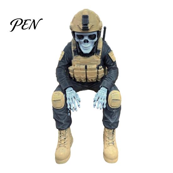 PLA Resin Soldier Model Skeleton Hero Shelf Sitter Ornament, 3D Printed Figurine, Tactical Gear Display Stand Gothic Warrior Sitting Statue