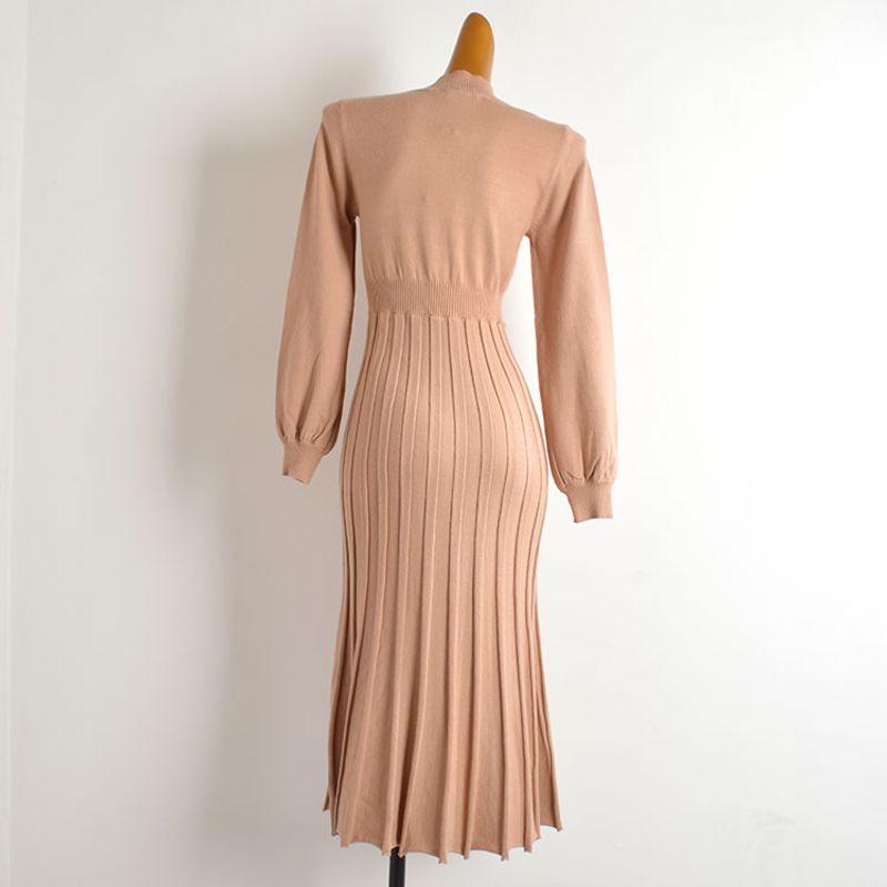 Foreign Trade Original Order New Solid Half-high Collar Long Sleeve Knitted Dress Women Clothes Waist Slimming Over the Knee Pleated Long Dress