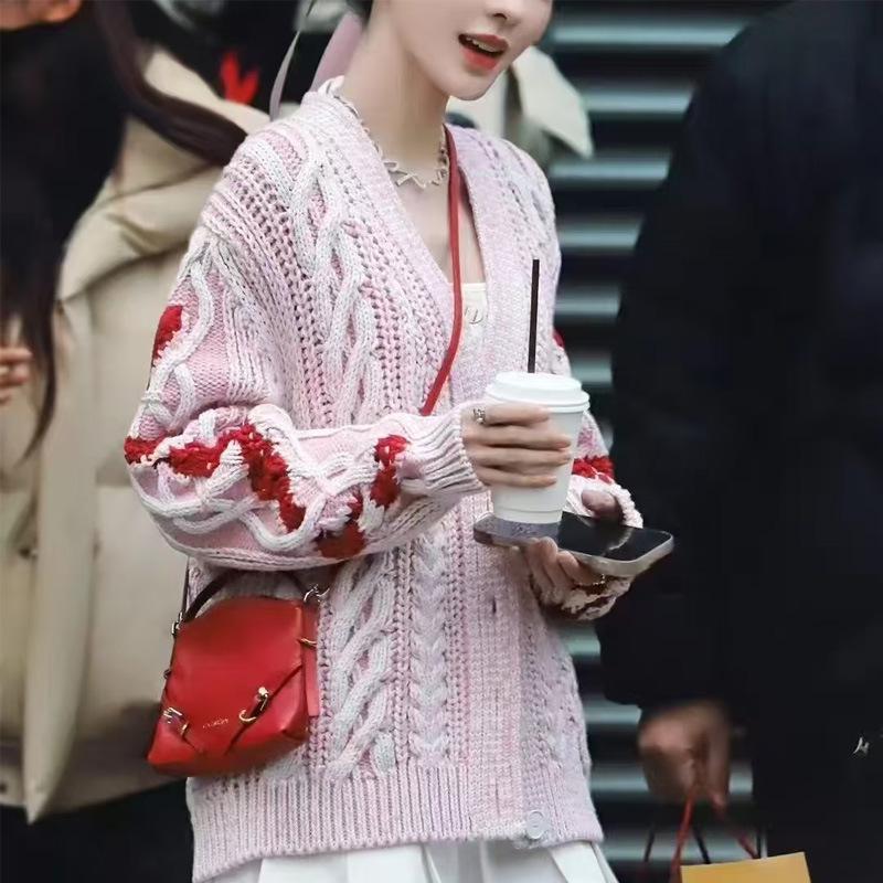 Trendy Pink Cable Knit V-Neck Cardigan Sweater for Women - Loose, Long Sleeve, Single-Breasted