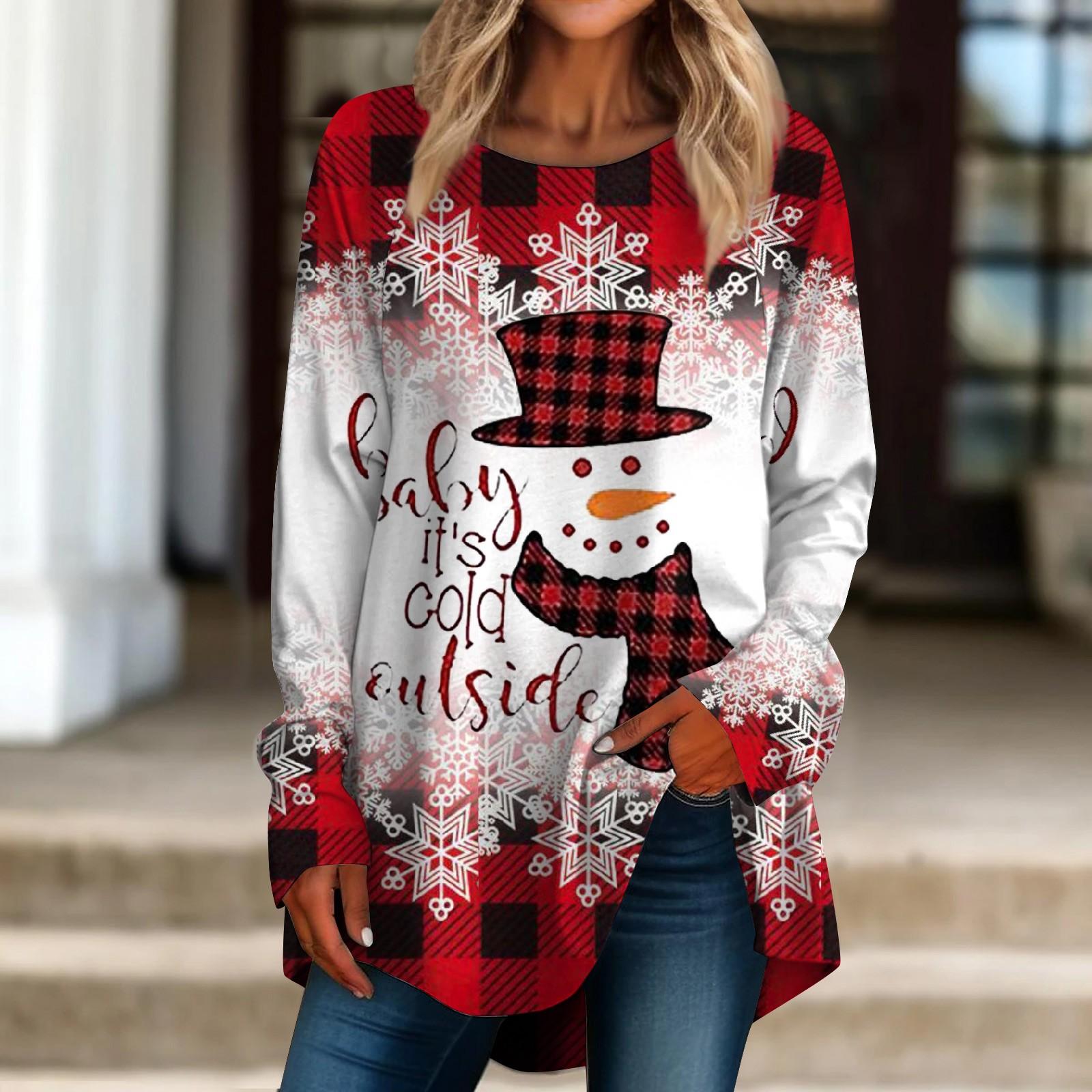 

Women s Casual Plus SizeLong Sleeved Round Neck Christmas Printing T-shirt Top Pullover XXXL