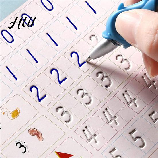 Caderno de Caligrafia para Ensino Fundamental Inicial 4 Peças/Conjunto Kit de Caligrafia com Sulcos com Letras Números Educacional para Crianças Rastreamento Reutilizável