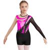 Girls Gymnastics Figure Skating Outfit Patchwork Leotard Mesh Long Sleeve Keyhole Back Bodysuit V Front Waistband Shorts
