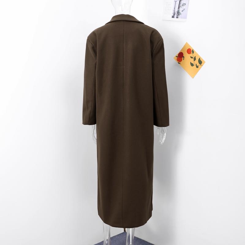 Brown Lapel Woolen Coat Synthetic Fabric Women's Double Breasted Long Sleeve Warm Coat Straight Tube Version Autumn and Winter