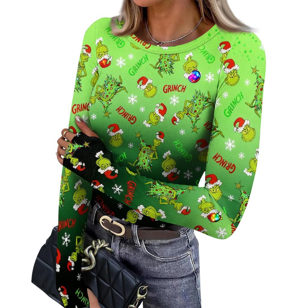 Women's Slim Fit Base Layer T-Shirt, Christmas Graphic Long Sleeve Crewneck Top with Thumb Holes