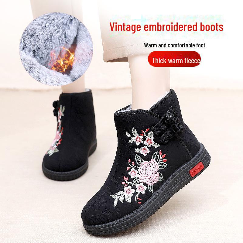Women Winter Autumn Embroidered Short Boots Warm, Non Slip, Cotton Shoes with Soft Soles for The Elderly - Ethnic Style