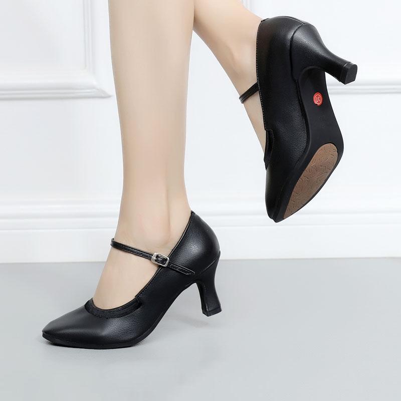 Leather Modern Dance Shoes for Women Soft Rubber Sole Party Ballroom Dancing Shoes Heel 7CM Close Toe
