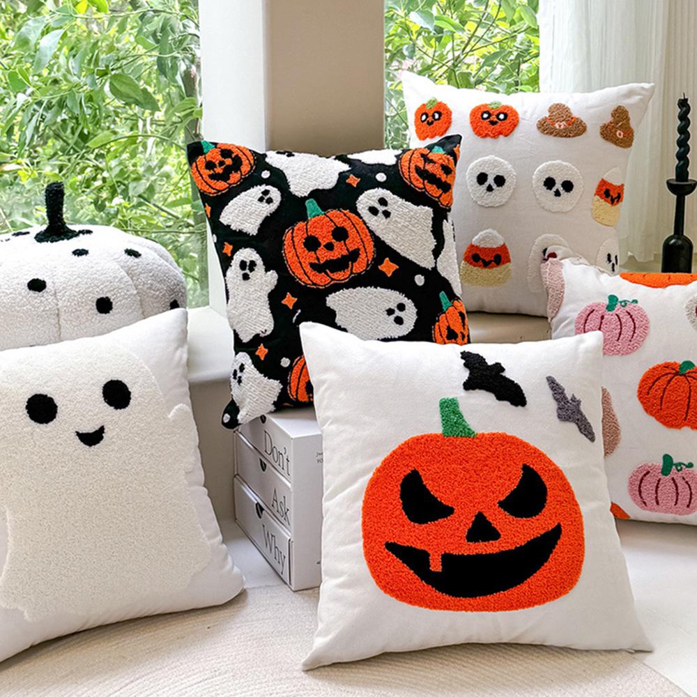 45x45cm Embroidered Halloween Pillowcase Cojines Orange Pumpkin Spider Web Throw Cushion Covers Headboard Pillowcases Decor Home