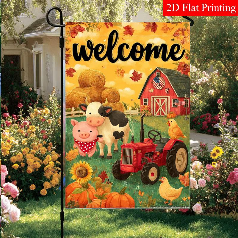 Welcome To Autumn Farm Animal Red Tractor Thanksgiving Garden Flag_1-28X40 Inch Outdoor Garden Flag Double-Sided Home Decoration Courtyard Decoration