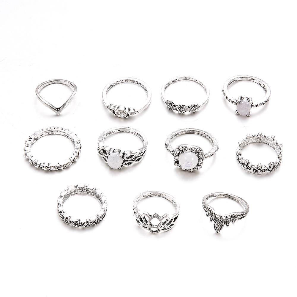 Bohemian Retro Totem Gemstone Openwork Ring Set for Women - 11 Pieces