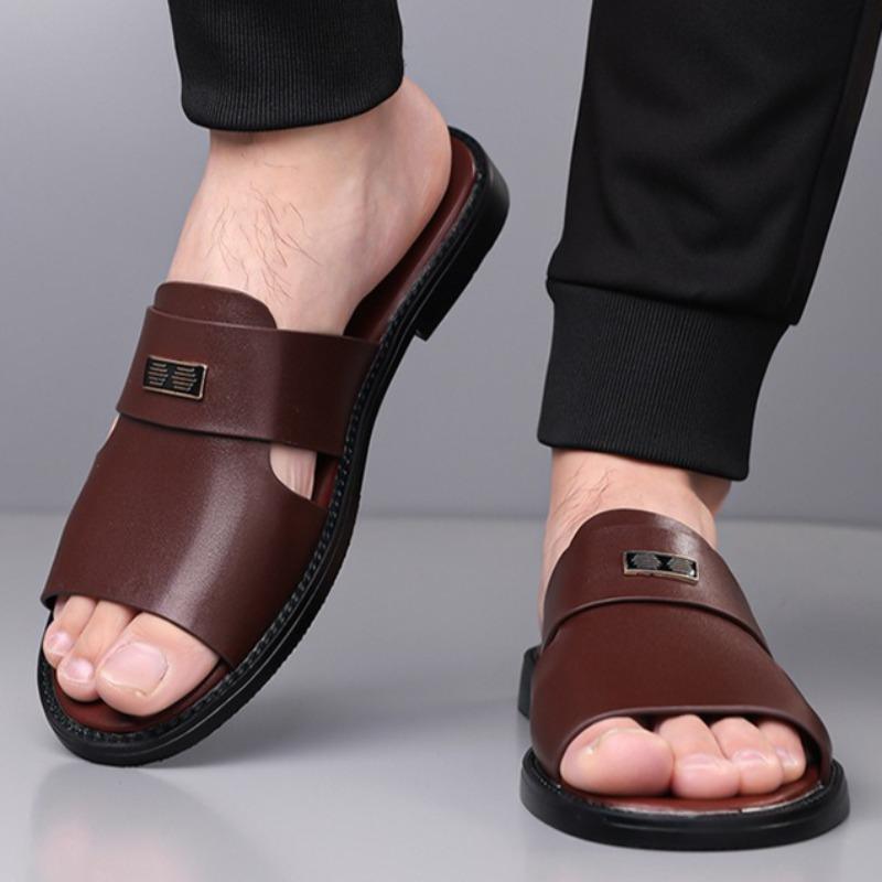 Pantoufles pour Hommes Pantoufles en Cuir de Luxe Été Nouvelles Pantoufles à Bout Ouvert pour Hommes Sandales Plates Décontractées Grande Taille 48 Chanclas Hombre