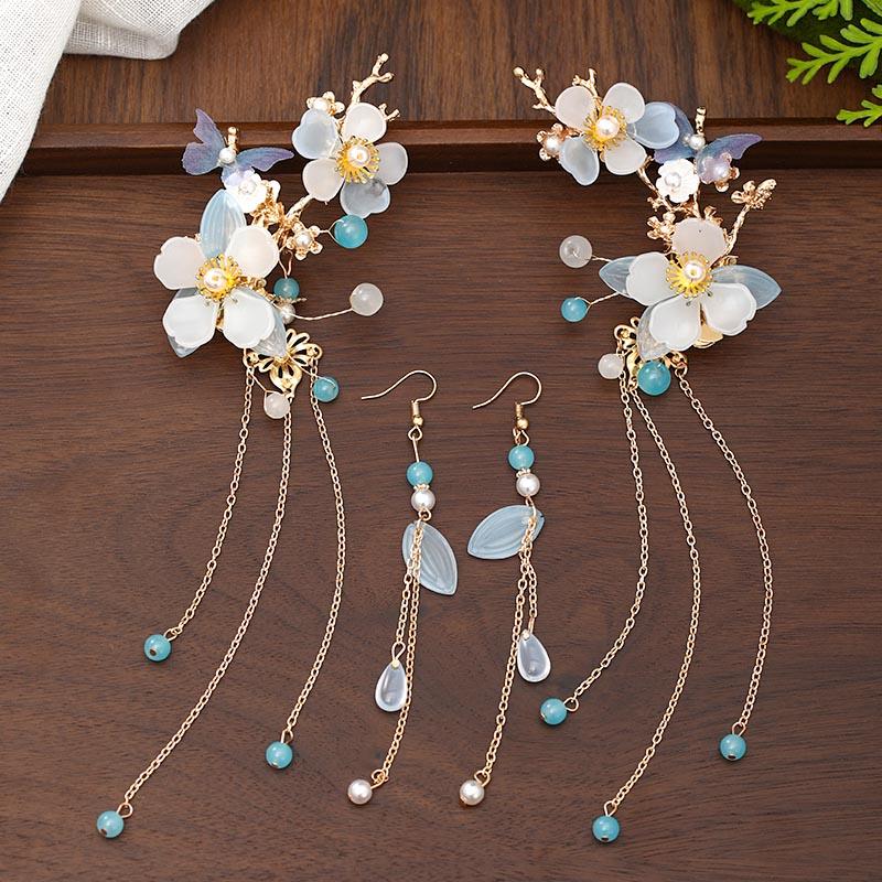 FORSEVEN Chinesisches Haaraccessoires Damen Blume Perlen Haarnadeln Lange Quaste Kopfschmuck Stäbe Haarkamm Brautschmucksets
