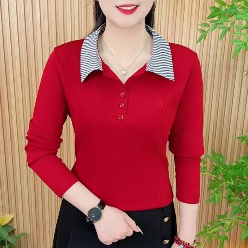 

Модная западная футболка для женщин Простая отложная с длинным рукавом Вышивка Приталенная Весенне-осенняя рубашка поло L красный