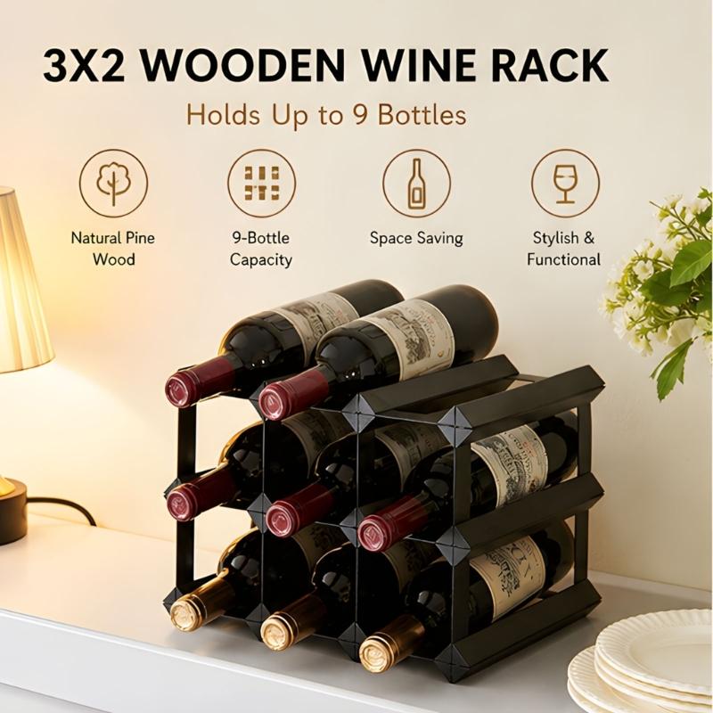 Horizontal Wine Bottle Holder 9 Bottle Countertop Rack, Freestanding Black Display Frame for Kitchen Counter and Dining Table Room Use