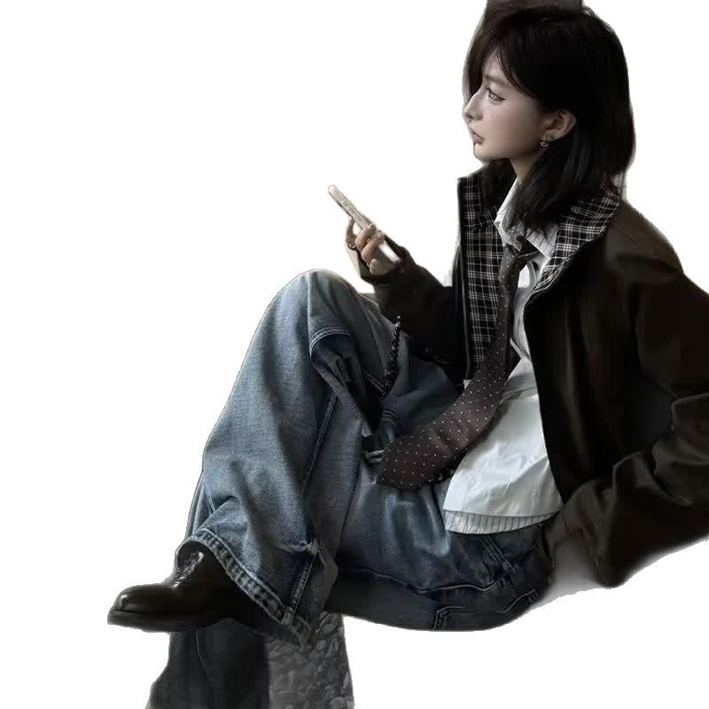 Unisex Retro Harrington Jacket – Plaid Lapel, Patchwork Design, Short Workwear Style for Spring/Autumn