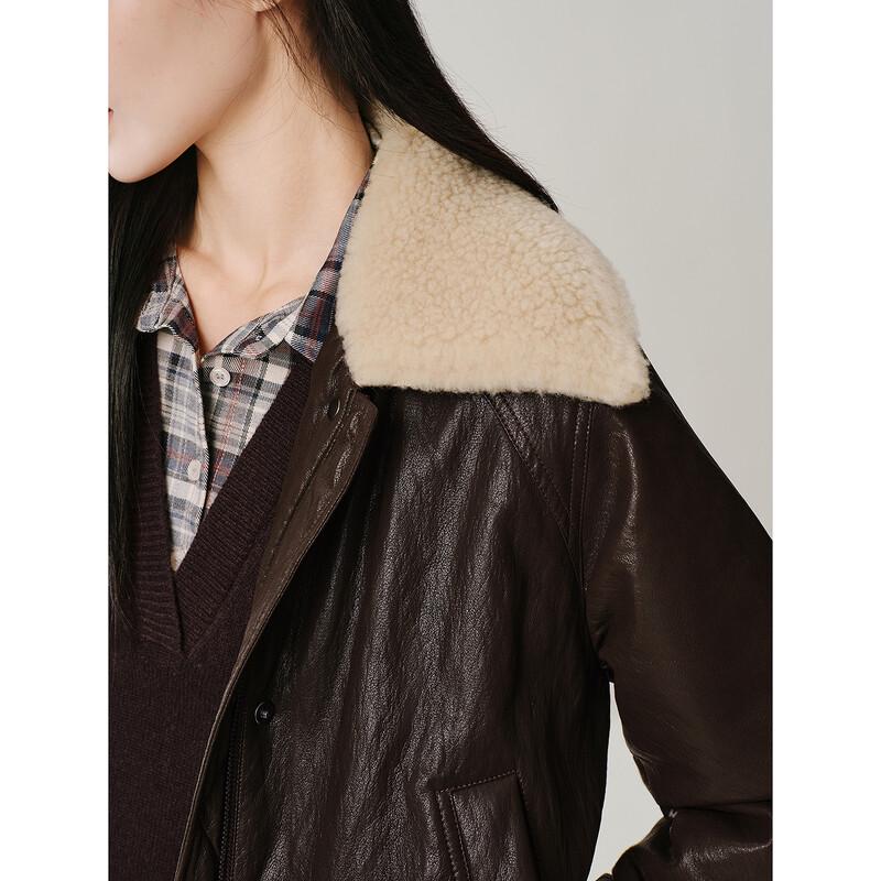 JIUZI Vintage Faux Fur & PU Leather Patchwork Down Jacket