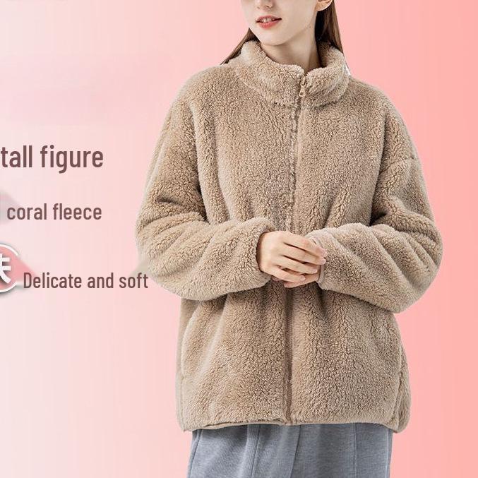Women's Reversible Fleece Jacket with Stand Collar - Cozy, Loose Solid Color Hoodie for Autumn & Winter