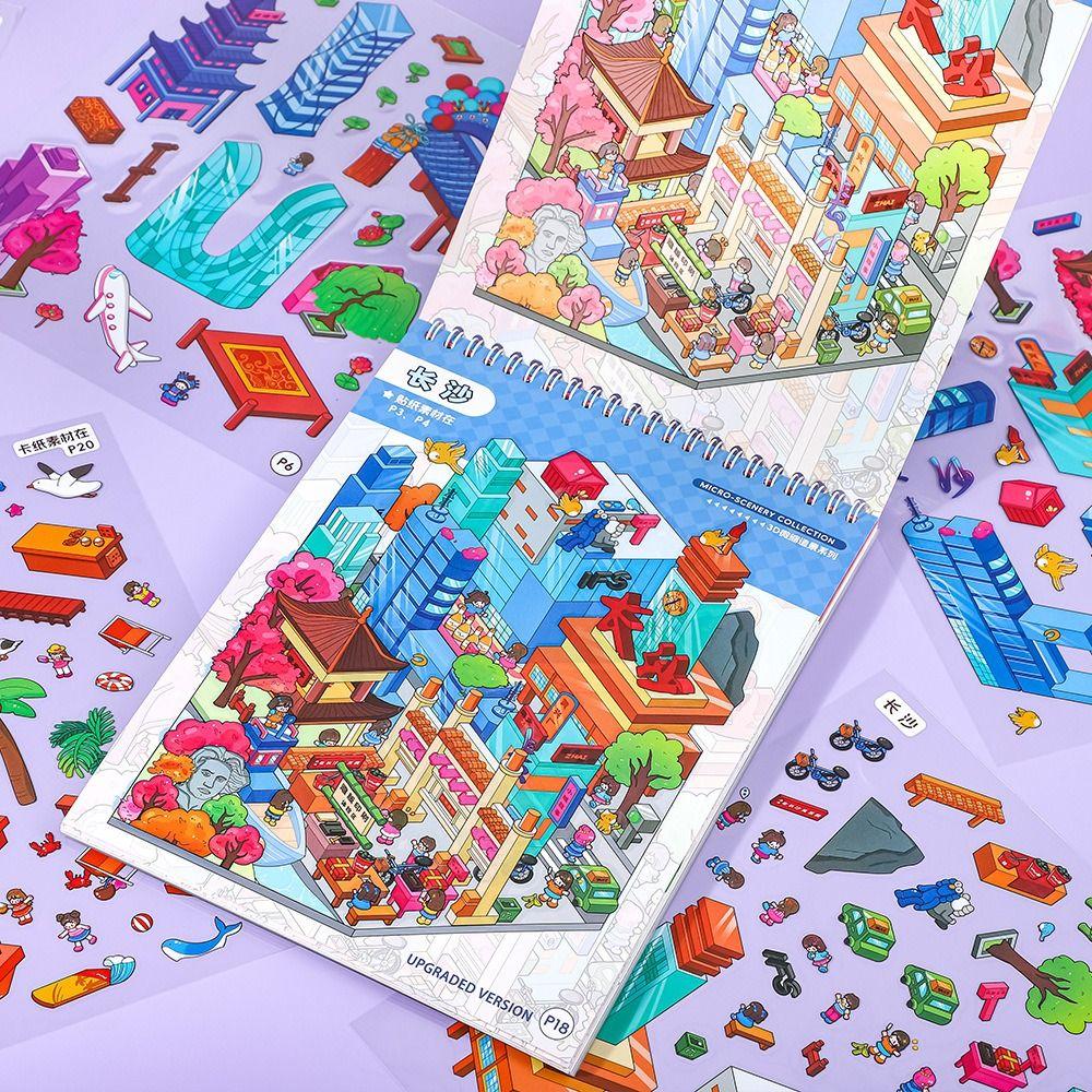 3D City Miniature Scene Collection 8 Scenes Scene DIY Sticker Landscape Sticker Book  For Adults