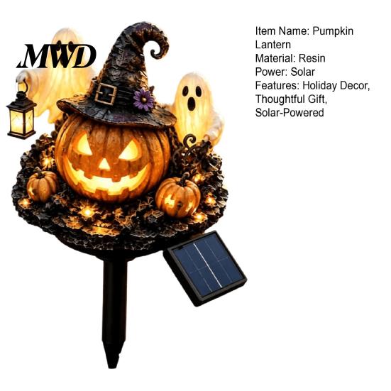 Halloween Porch Lighting Solar Pumpkin Garden Stake Light, Waterproof LED Yard Decoration with Automatic Dusk To Dawn Light Wizard Hat And Ghost,
