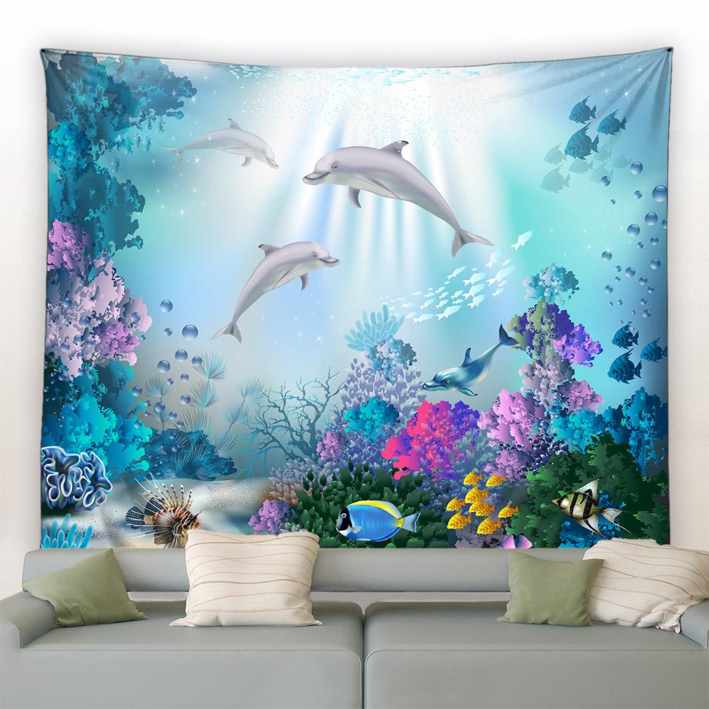 New Sea Animals Dolphin Decorative Tapestry Tropical Fish Turtle Coral Cave Underwater World Home Decor Aesthetics