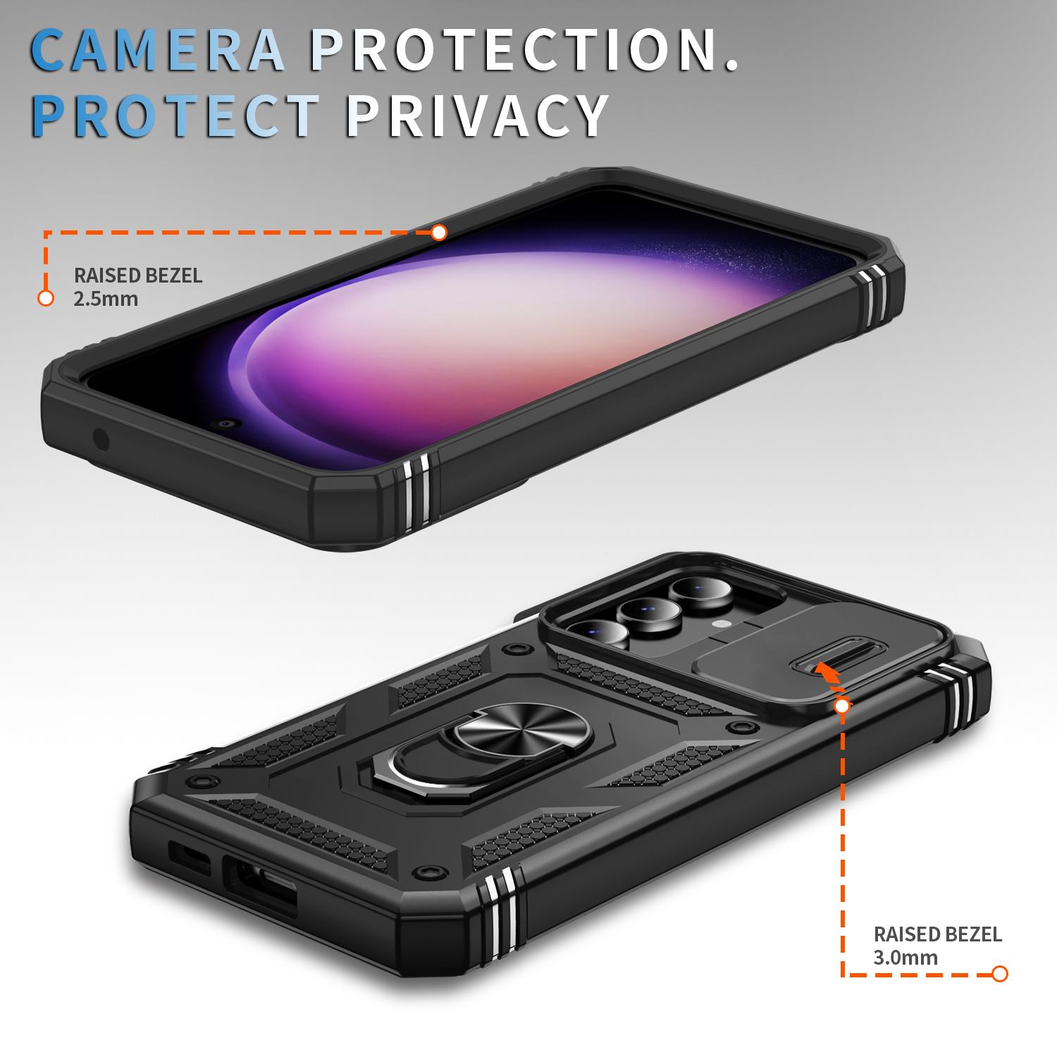 

For Samsung Galaxy S23 FE Case Sliding Camera Cover PC+TPU Phone Shell Grey Green+Pink