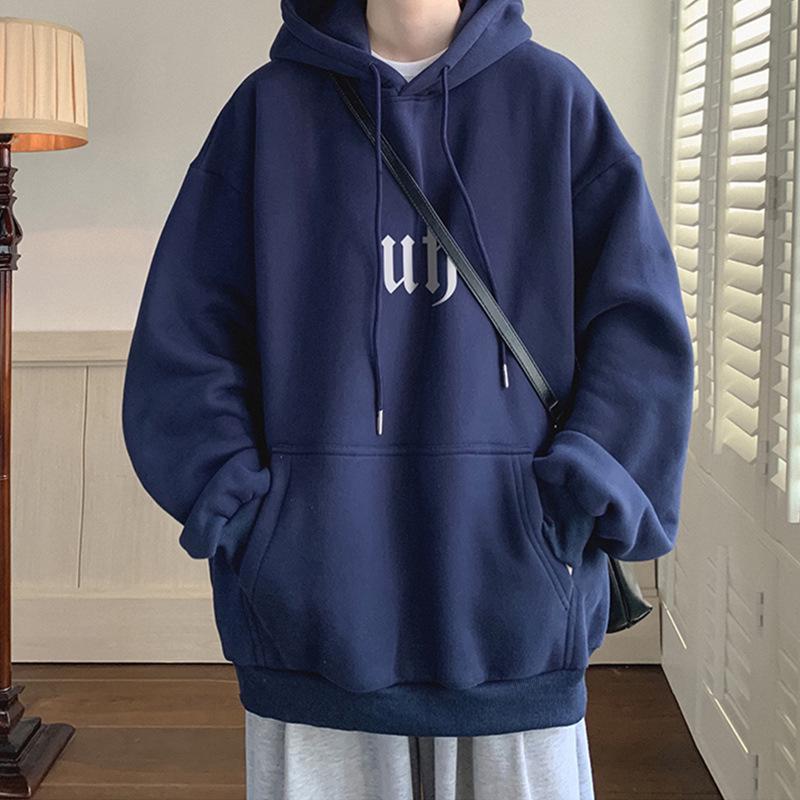 Navy Blue 250g Men's Oversize Hooded Sweatshirt - Trendy American Hip-Hop Style