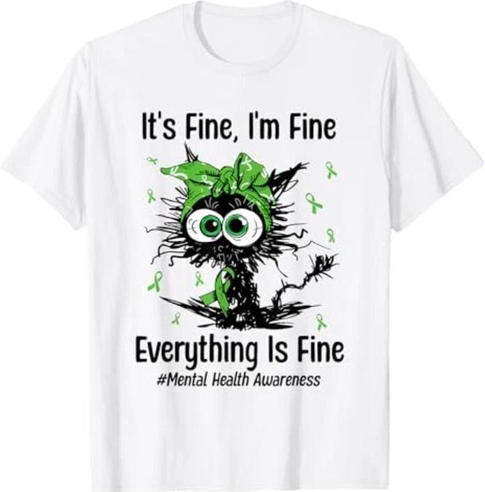 Mental Health Warrior Awareness Black Cat Brain Illness 100% Cotton T-shirt Mens Tees Top L