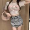 Cute Cat Print White Short-sleeved T-shirt Women's Summer New Slim-fit Short Spice Girl Versatile Top Ins