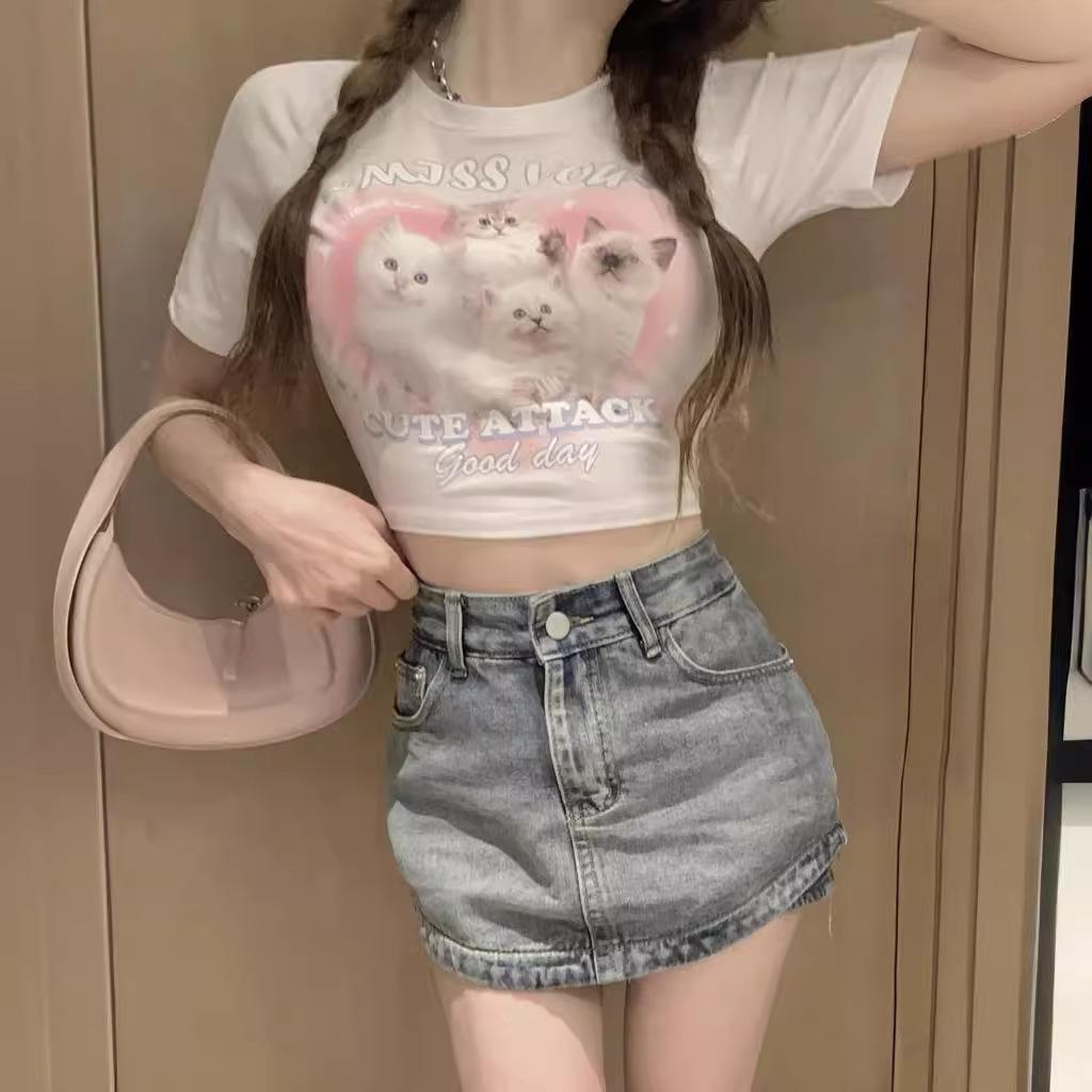 Cute Cat Print White Short-sleeved T-shirt Women's Summer New Slim-fit Short Spice Girl Versatile Top Ins