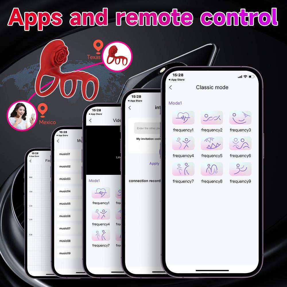 APP Wireless Remote 3 IN 1 Rose Vibrating Cock Ring Delay Ejaculation Clit Stimulator G Spot Silicone Adult Sex Toy for Couples