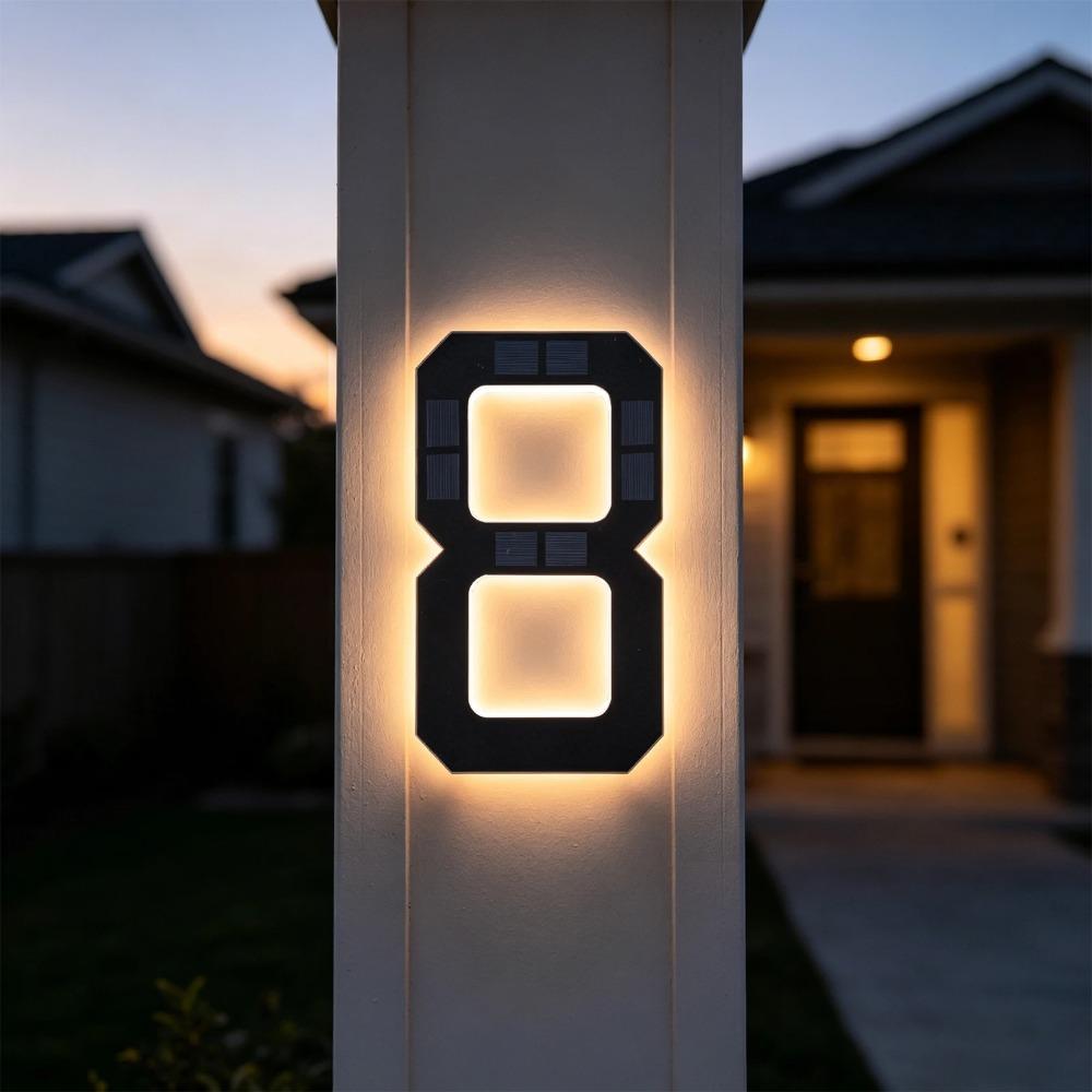 LED Solar House Number Light, IP44 Waterproof Outdoor Glowing Address Signs, Illuminated Address Plaque for Home Hotel Office
