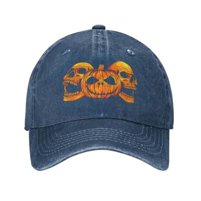 Halloween Pumpkin Skulls Adjustable Washed Denim Cotton Low Profile Trucker Hat Black Fitted Baseball Ball Cap for Men Unisex
