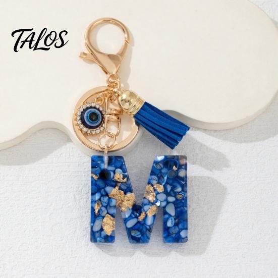 Talos Blue Series Keychain Pendant, Initial Letter Charm Key Chain with Eyes Tassel Design, A-Z Holder for Bags Backpacks Cars Accessories