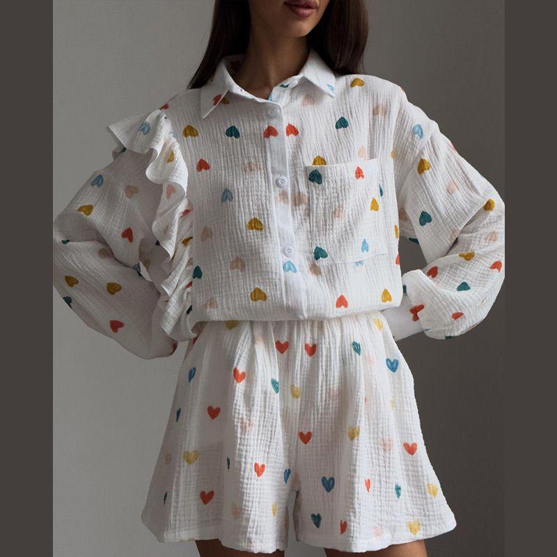 

Polo Collar Shirt Top Elastic Waist Shorts Set Ruffles Shirt Shorts A color short suit M(M)