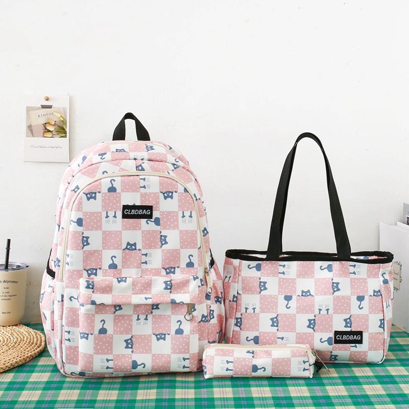 Three-Piece Backpack Set Large Capacity Student Schoolbag Junior High School Student Checkerboard Backpack with Lunch Bag Pen Bag