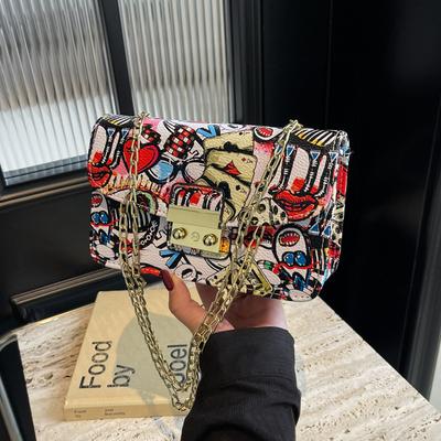 Graffiti Small Bag Summer 2025 New Korean Version Fashion Trend Xiaohongshu Women's Chain Crossbody Small Square Bag Pu