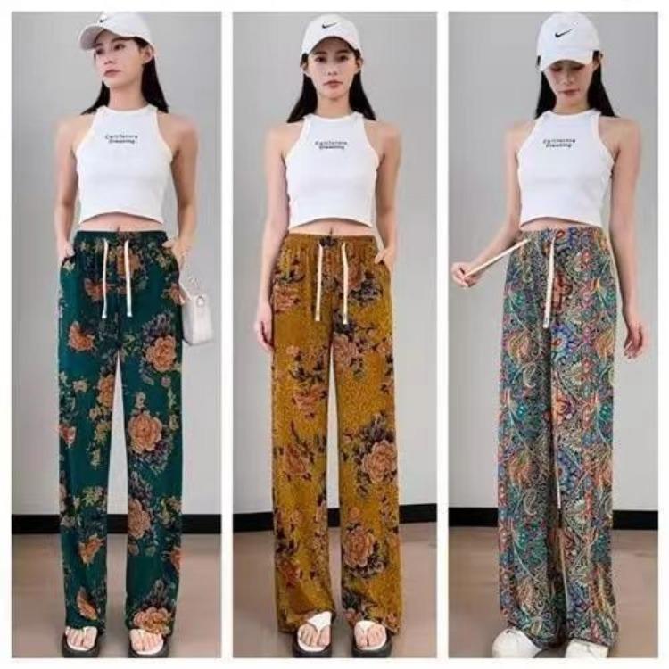 Summer Women's Wide Leg Pants Loose Chinese Style Floral Pants Straight Leg Women's Pants