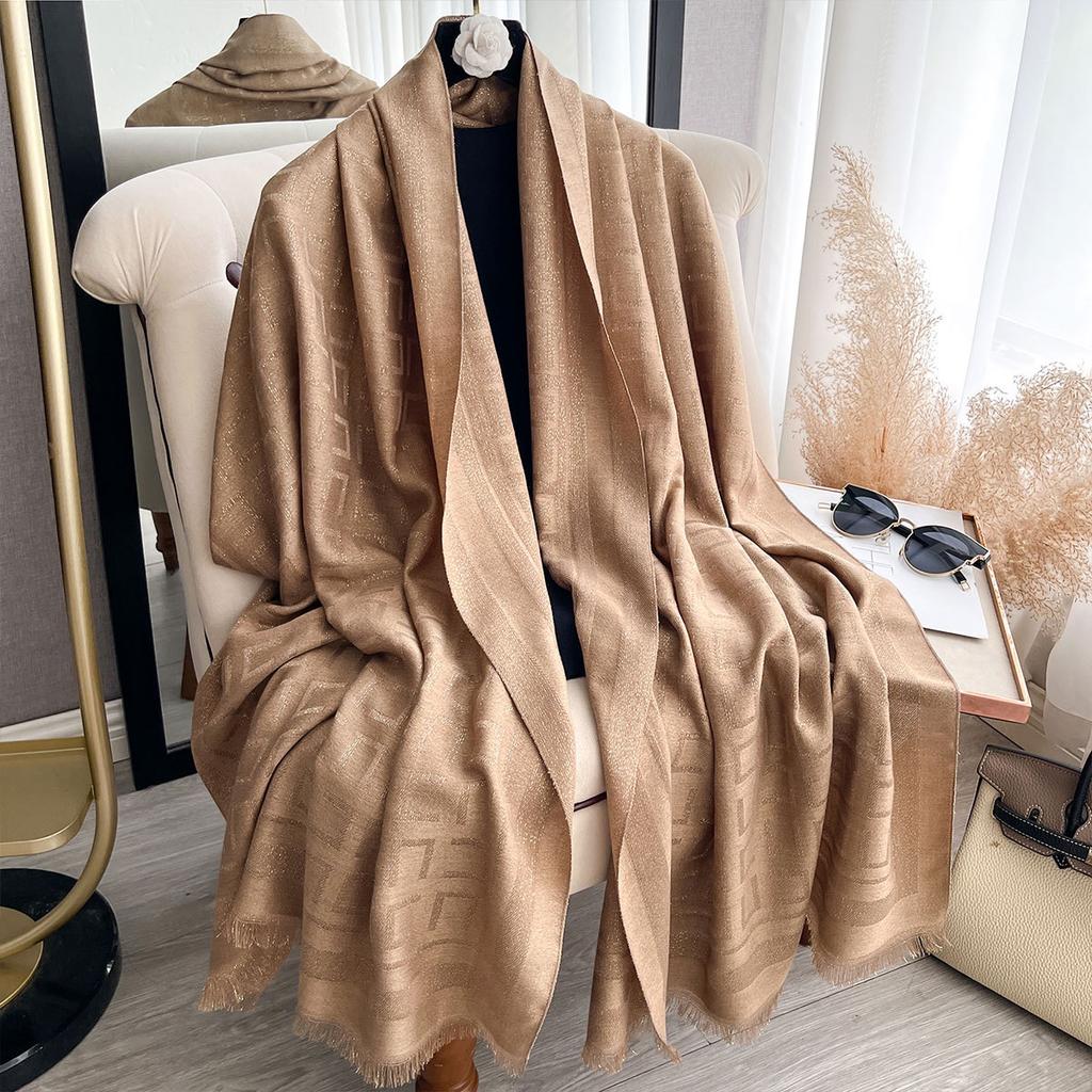 Spring And Autumn Thin Imitation Cashmere Scarf Women'S Versatile Letter Gold Line Decoration Air Conditioning Shawl Warm Thickened Scarf