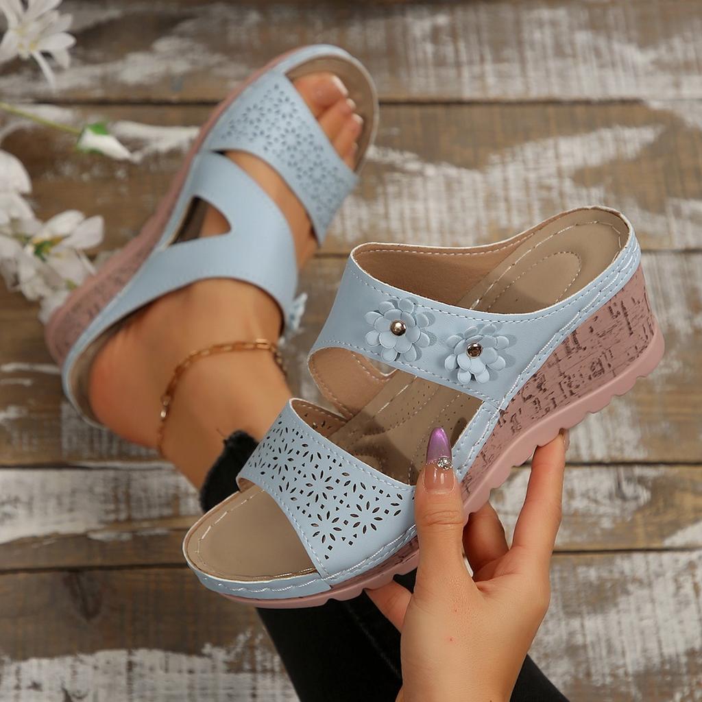 Sandals for Women Summer Metal Buckle Sandals Peep Toe Wedge Casual Thick Bottom Light Comfort Beach Slides Slippers