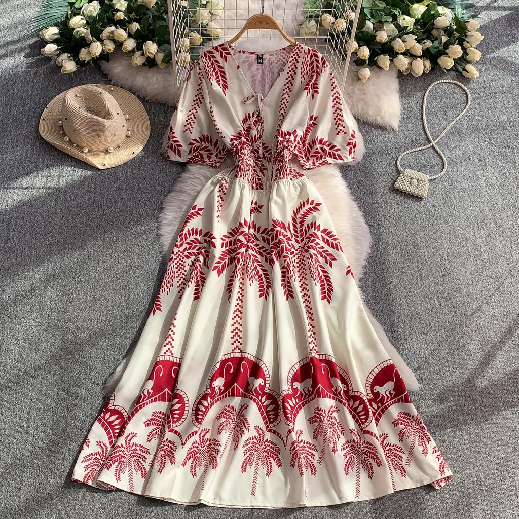 Summer Women Printed Dress V-neck Lace-up Short Sleeved Pleated A-line American Casual Fashion Elegant Female Dresses