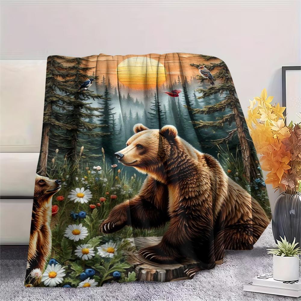 1Pc Brown Bear Print Flannel Blanket, High quality Comfortable for All Seasons, Home Decor, Warmth and Comfort, Perfect for Gifts