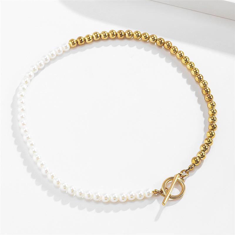 Asymmetrical European-American OT Buckle Necklace with Imitation Pearls and Two-Tone Clavicle Chain