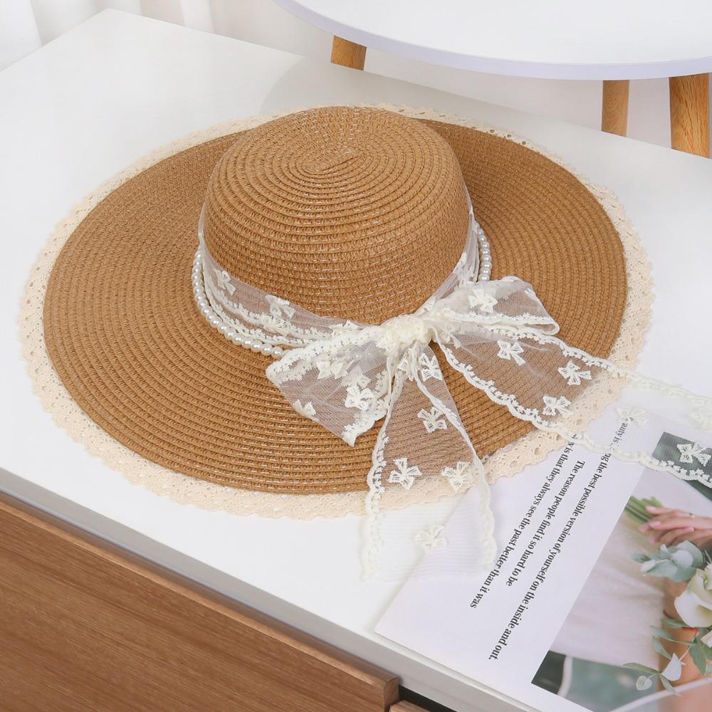 Breathable Wide Brim Straw Hat Elegant Lace Tied Sun Hat Stylish Beach Hat  Girls