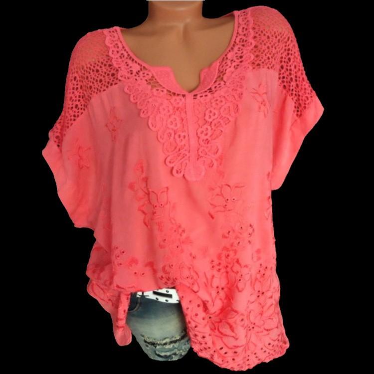 Ladies Loose Casual Lace V-Neck Embroidered Short-Sleeved  Shirt Top