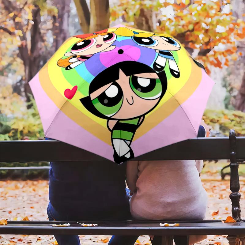 1PC The Powerpuff Girls Umbrella Portable Folding Umbrella Iron Frame Hole Bone Structure Outdoor Home Umbrella A7