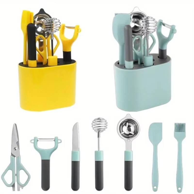 

8pcs Scissors with Storage Holder Fruit Knife Melon Planer Utensil Stainless Steel Peeler Kitchen Gadget Set 1set синій