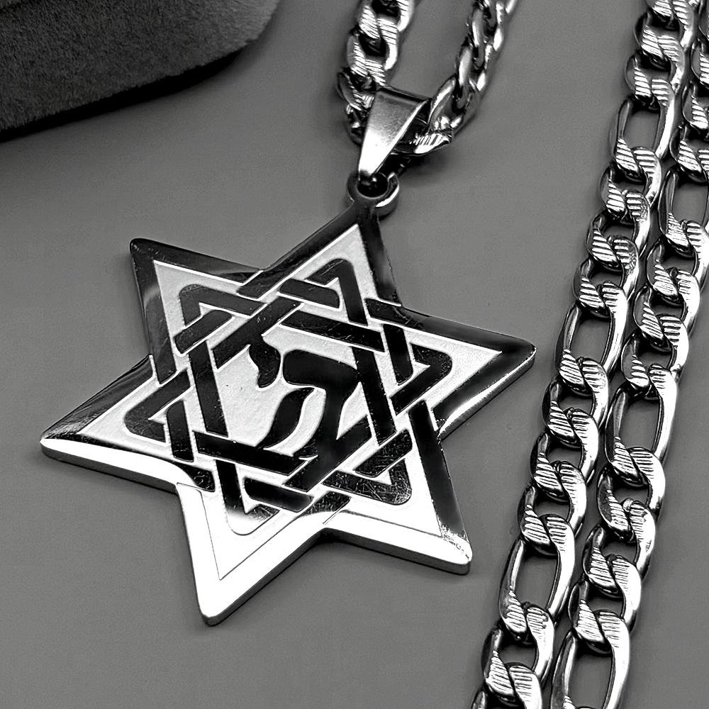 Je Israel Hebrew Letter Chai Symbol David Star Pendant Necklace Men Women Stainless Steel Hexagram Punk Cuban Chain Jewelry