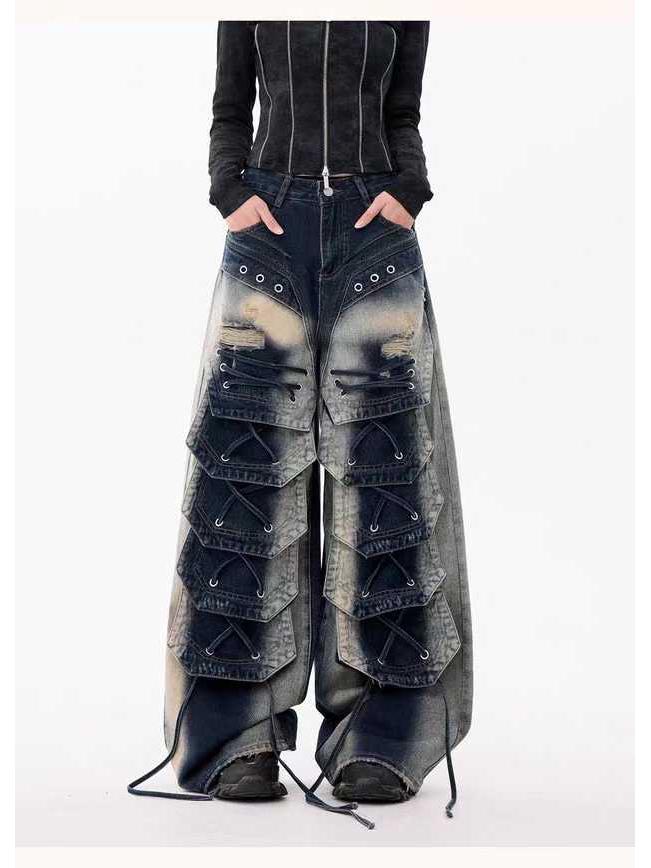 Retro Women's Wide-Leg Multi-Pocket Workwear Jeans