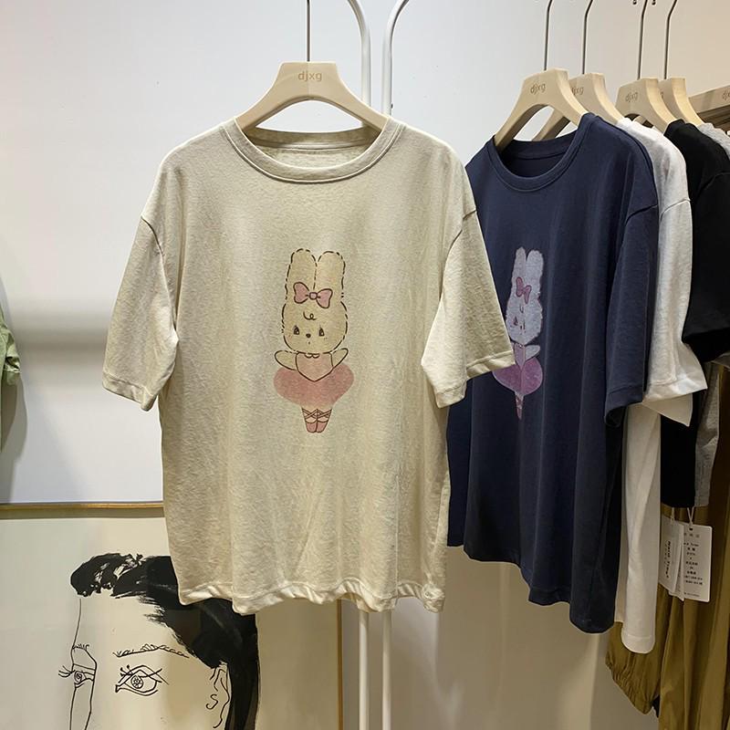

Женская летняя хлопковая футболка с принтом мультяшного кролика: Свободный, удобный, с короткими рукавами, средней длины Double Extra Large абрикосовый